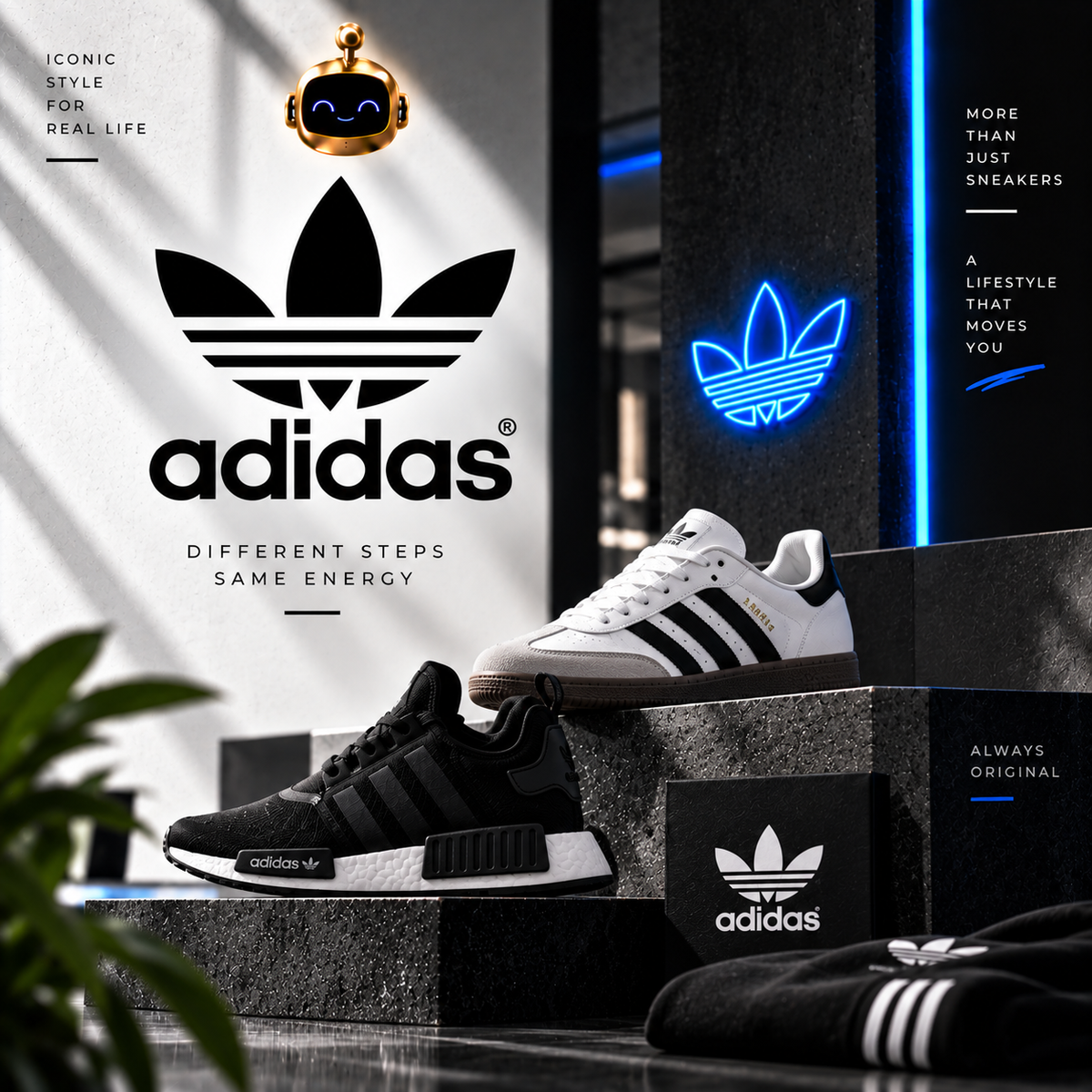 Coleção Sneakers com robô dourado em cena urbana neon