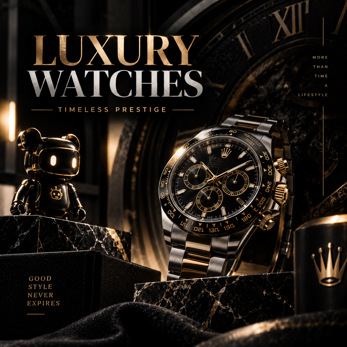 Coleção Watches com robô dourado e engrenagens